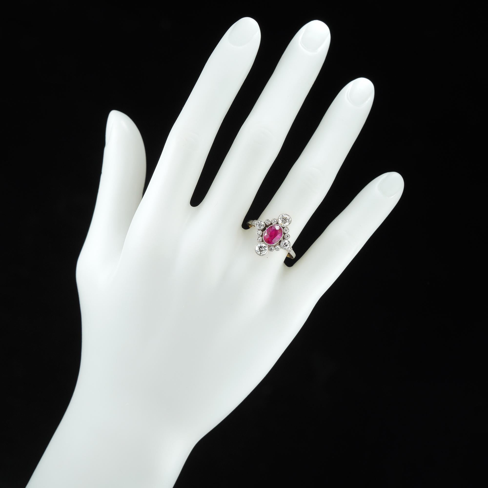 Women's or Men's Edwardian Ruby and Diamond Cluster Ring For Sale