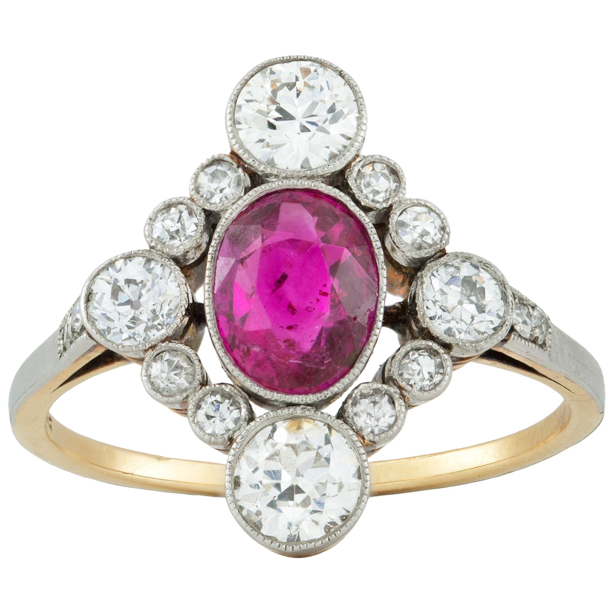 Edwardian Ruby and Diamond Cluster Ring For Sale