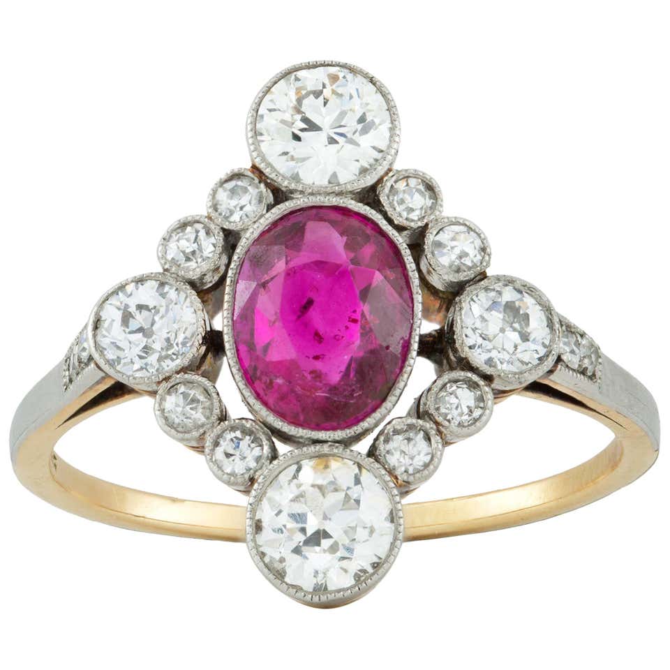 Ruby Diamond Platinum Three Stone Ring For Sale at 1stDibs