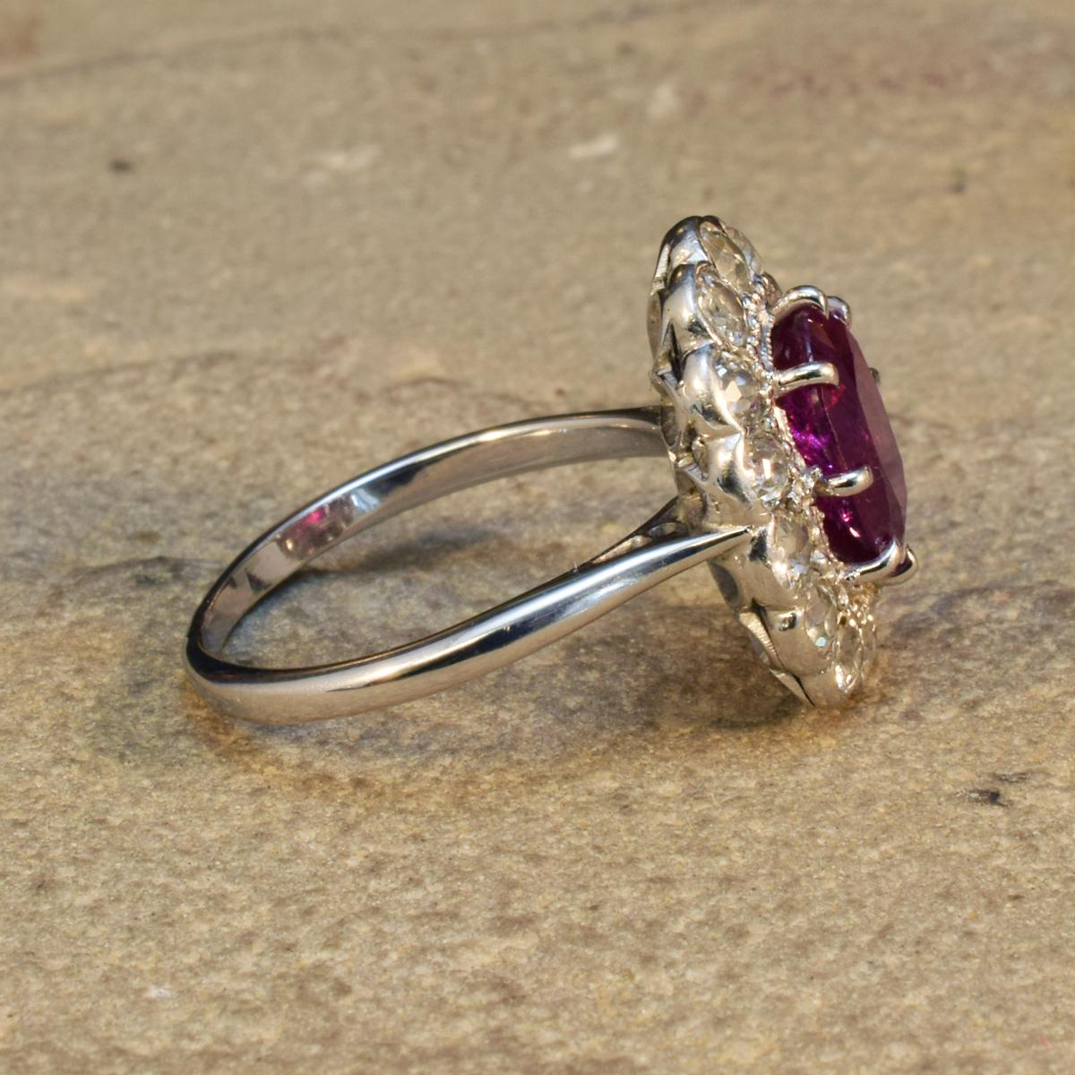 Old European Cut Edwardian Ruby and Diamond Cluster Ring in 18 Carat White Gold and Platinum