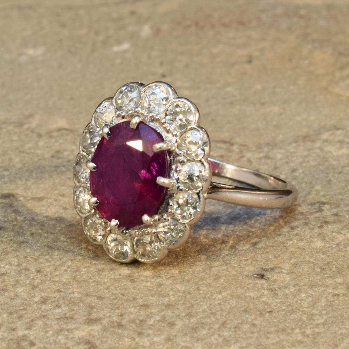 Women's or Men's Edwardian Ruby and Diamond Cluster Ring in 18 Carat White Gold and Platinum