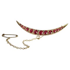 Edwardian Ruby and Diamond Crescent 9 Carat Gold Brooch