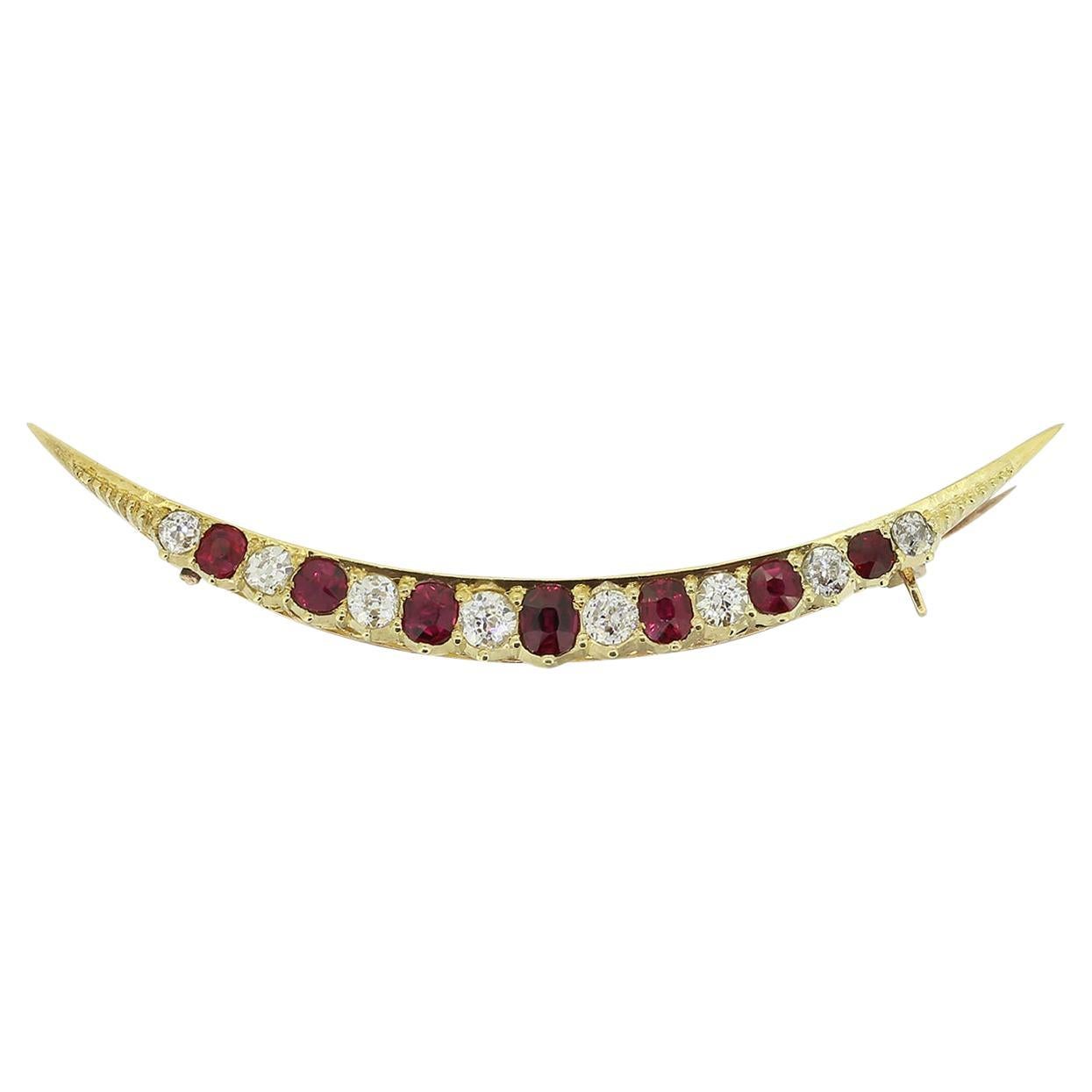 Edwardian Ruby and Diamond Crescent Brooch For Sale
