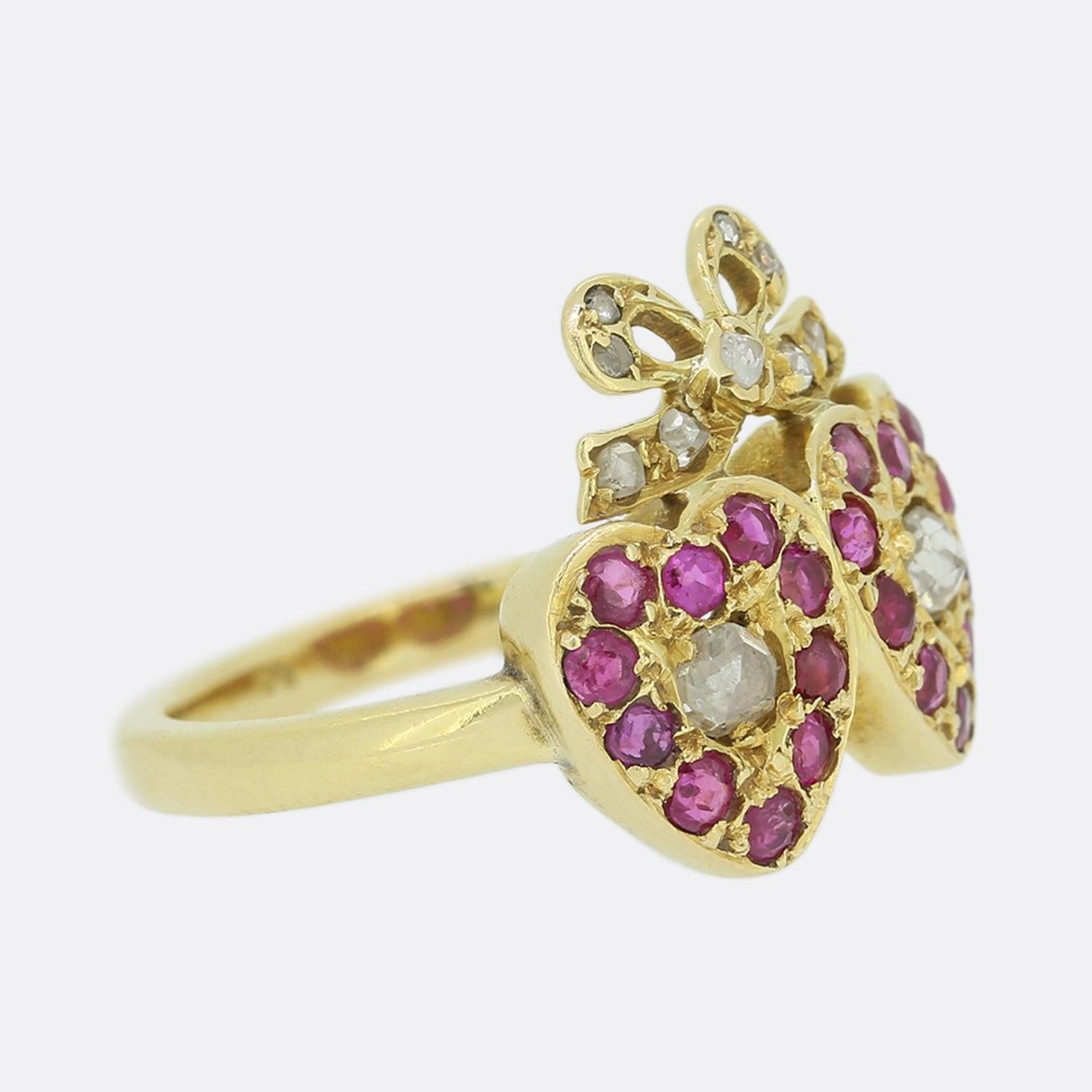Rose Cut Edwardian Ruby and Diamond Double Heart Ring For Sale