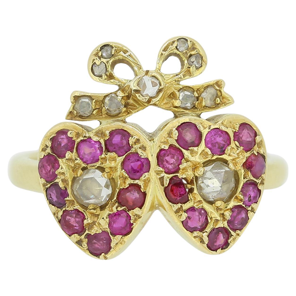 Edwardian Ruby and Diamond Double Heart Ring For Sale