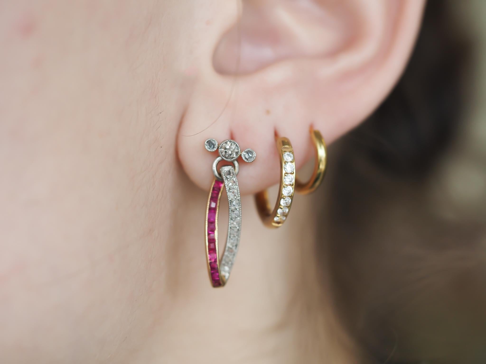 Square Cut Edwardian Ruby and Diamond Drop Earrings in Gold and Platinum - VHK#518b For Sale