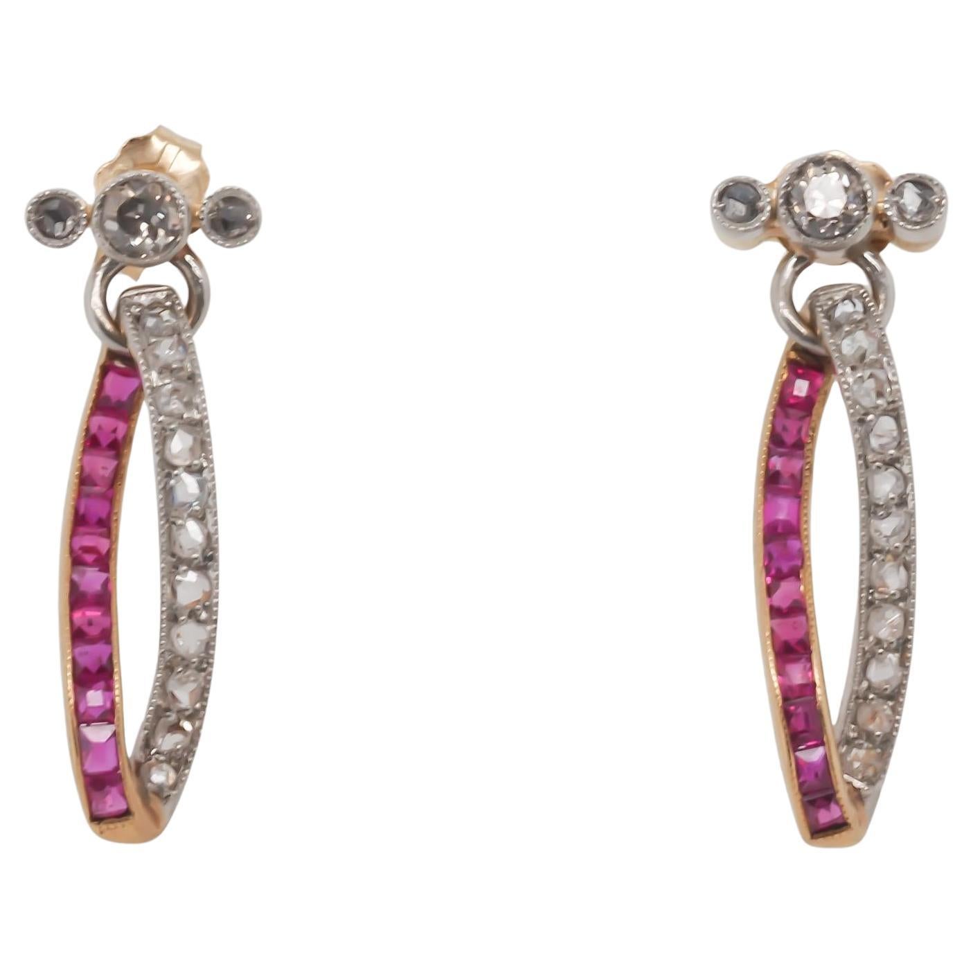Edwardian Ruby and Diamond Drop Earrings in Gold and Platinum - VHK#518b For Sale