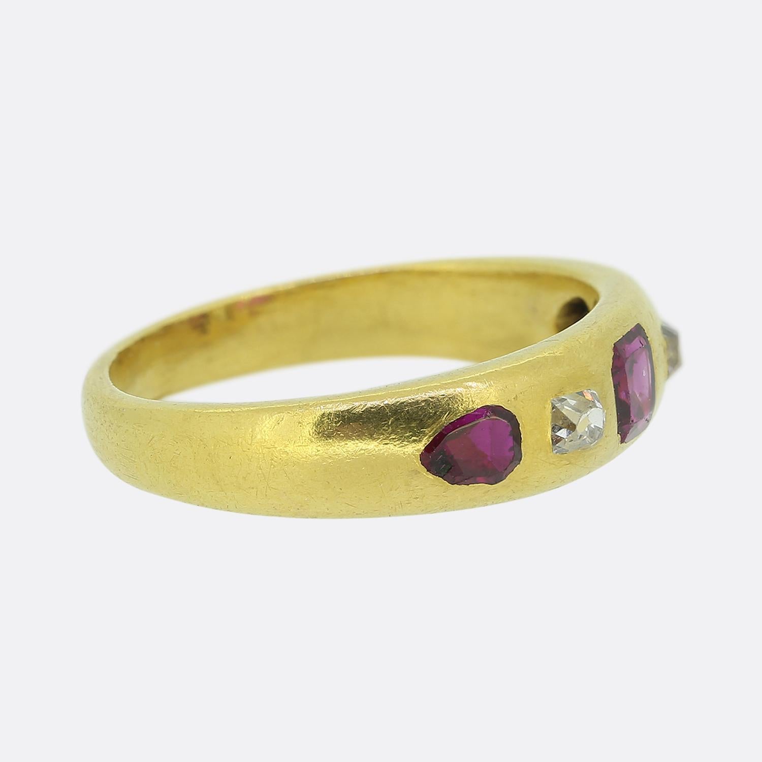 Square Cut Edwardian Ruby and Diamond Five-Stone Gypsy Ring