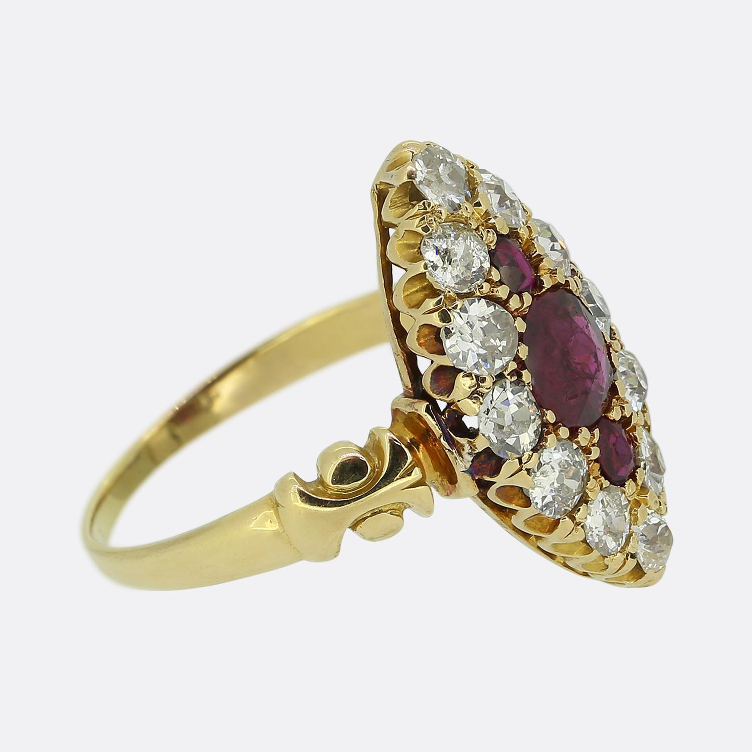 Old European Cut Edwardian Ruby and Diamond Navette Ring For Sale