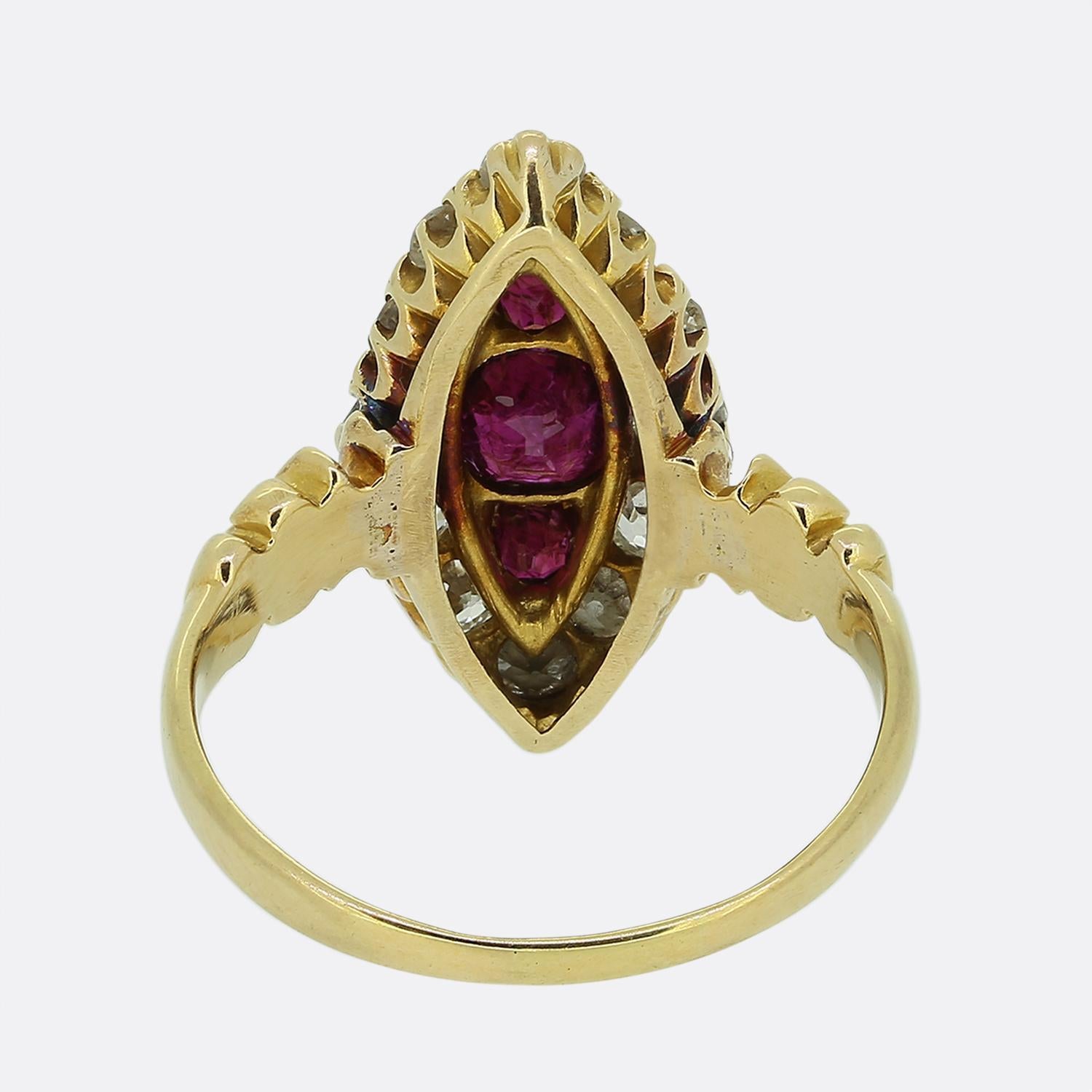 Edwardian Ruby and Diamond Navette Ring In Good Condition For Sale In London, GB