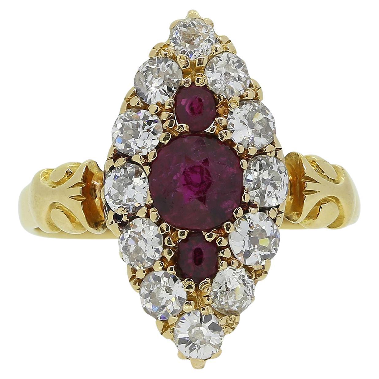 Edwardian Ruby and Diamond Navette Ring For Sale