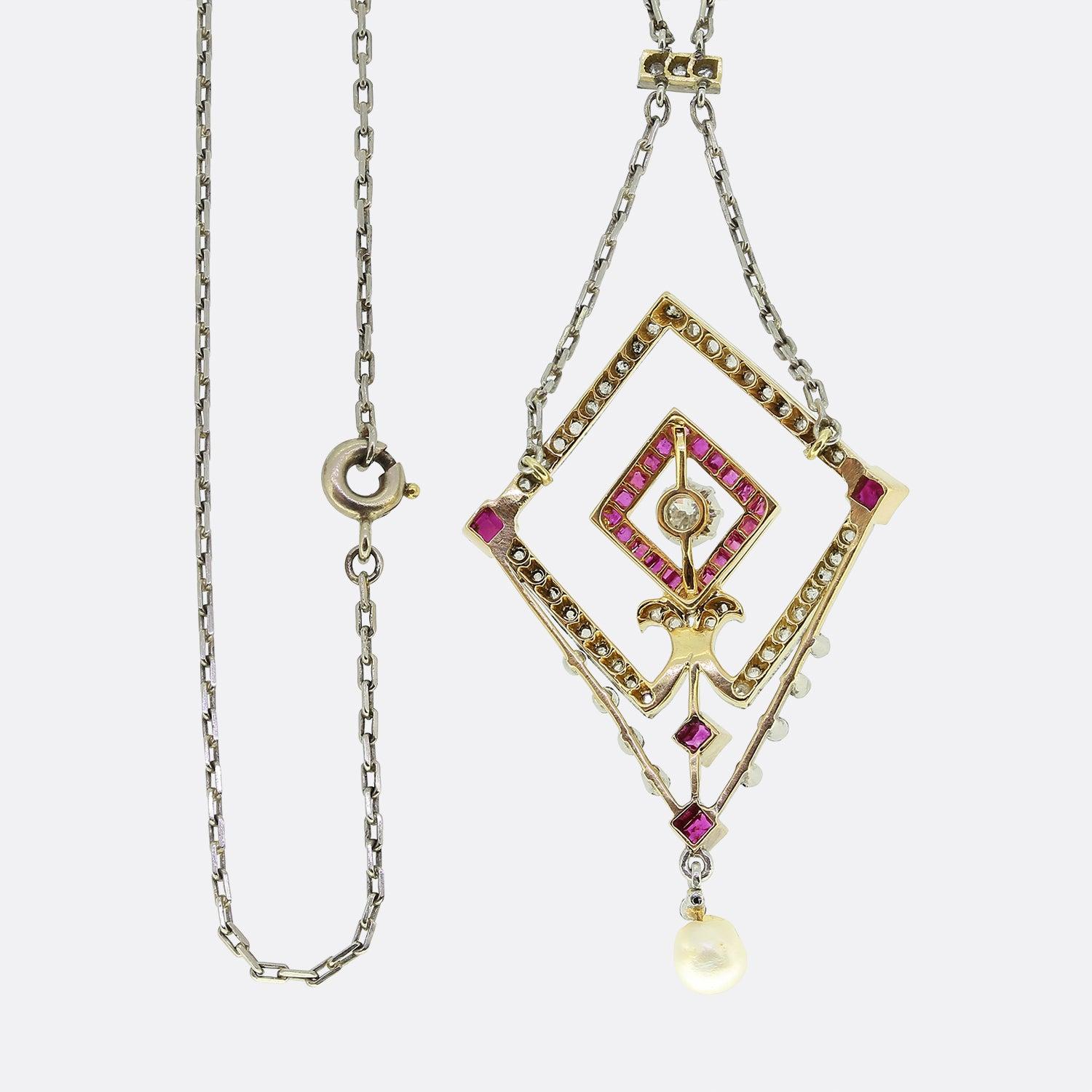 Old Mine Cut Edwardian Ruby and Diamond Pendant Necklace For Sale