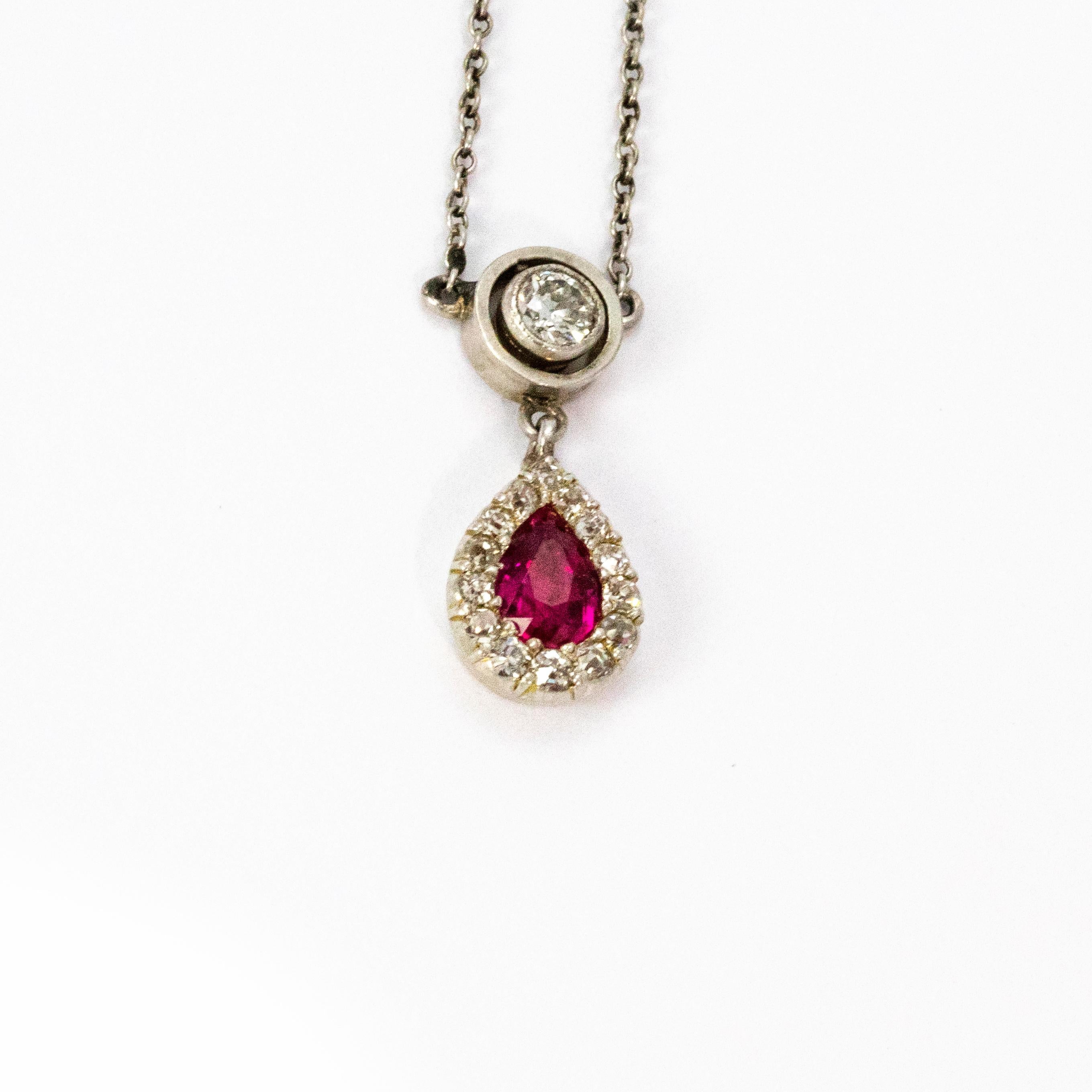 Old Mine Cut Edwardian Ruby and Diamond Pendant Platinum Necklace