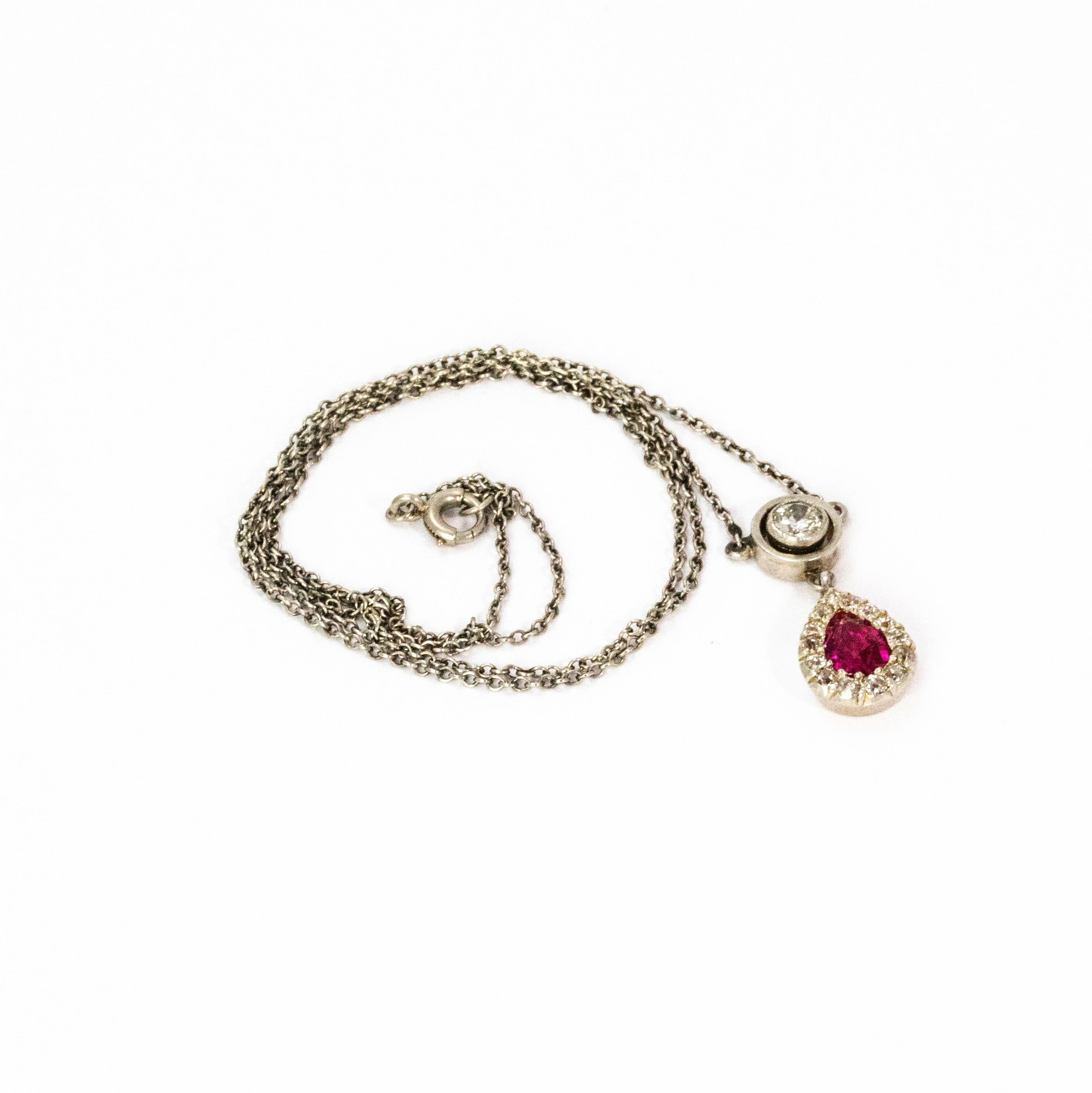 Edwardian Ruby and Diamond Pendant Platinum Necklace In Excellent Condition In Chipping Campden, GB