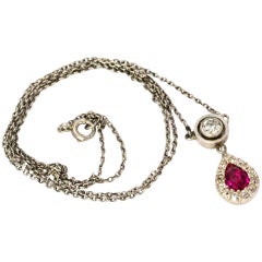 Edwardian Ruby and Diamond Pendant Platinum Necklace