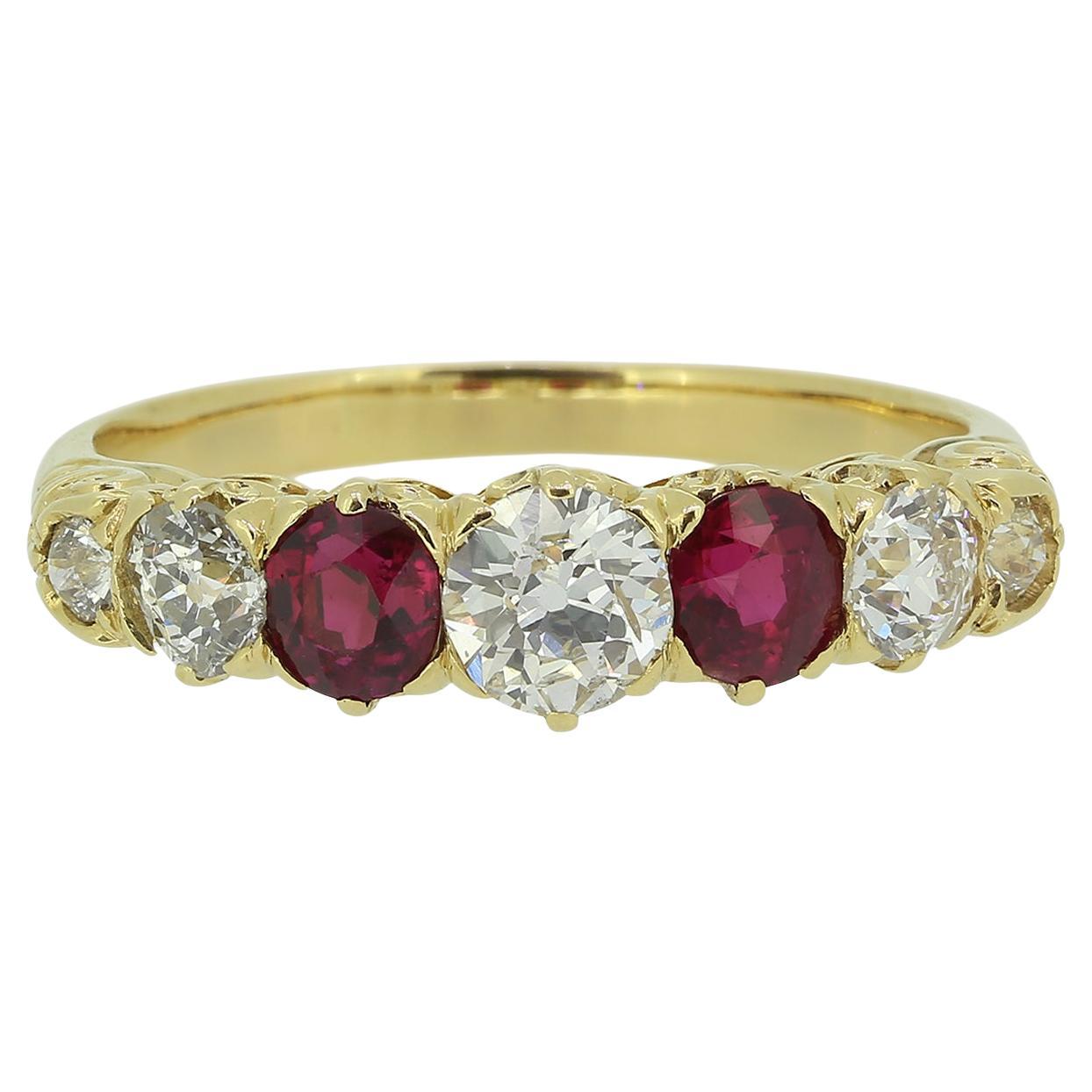Edwardian Ruby and Diamond Seven Stone Ring