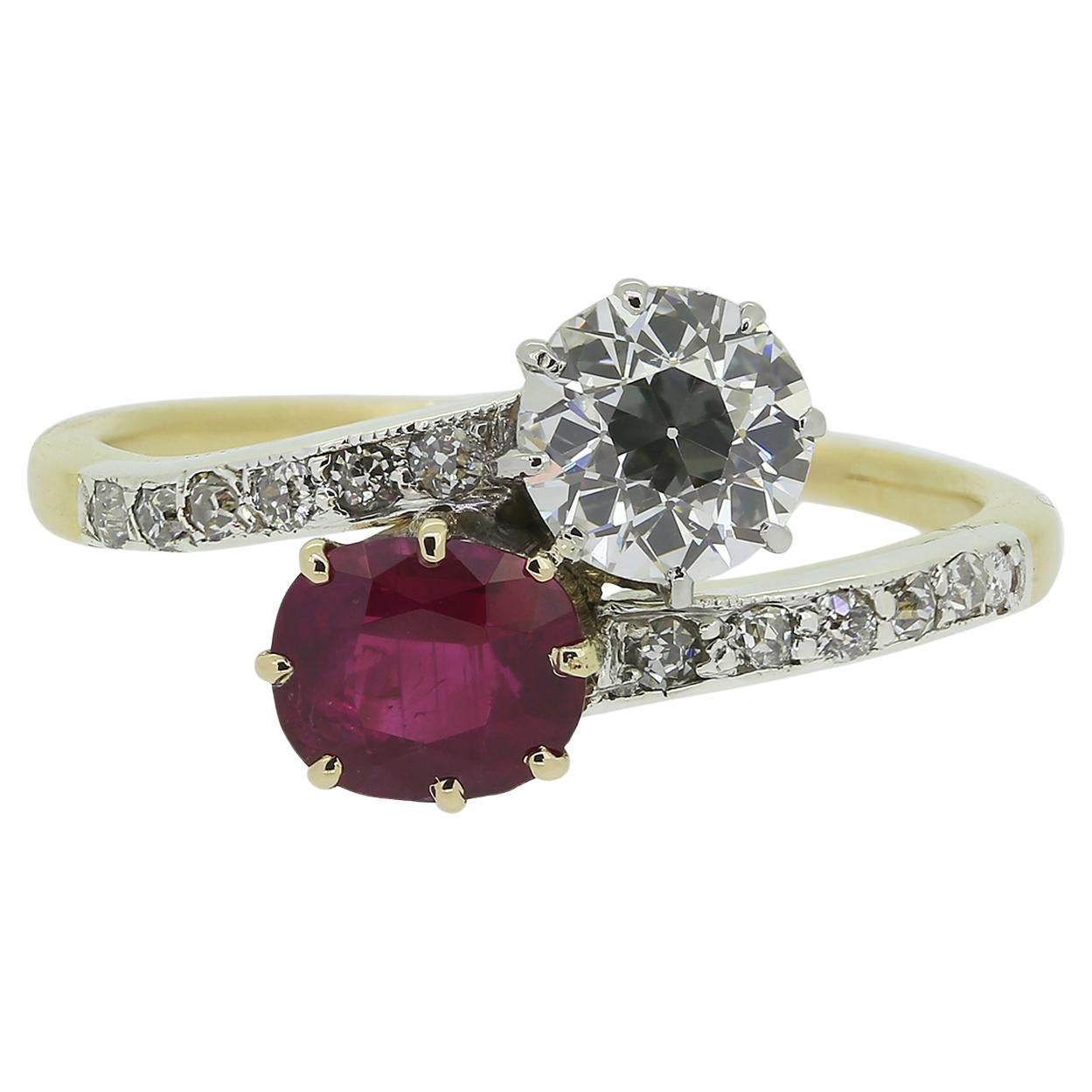Edwardian Ruby and Diamond Two-Stone Crossover Ring