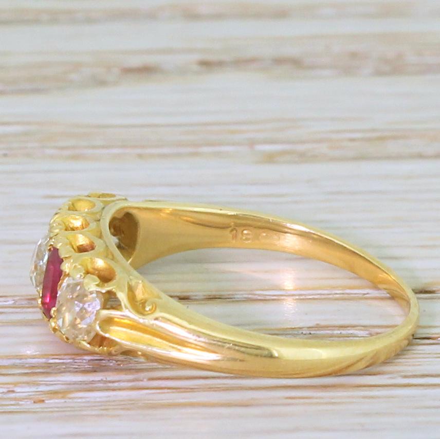 Old Mine Cut Edwardian Ruby and Old Cut Diamond Five-Stone Ring For Sale