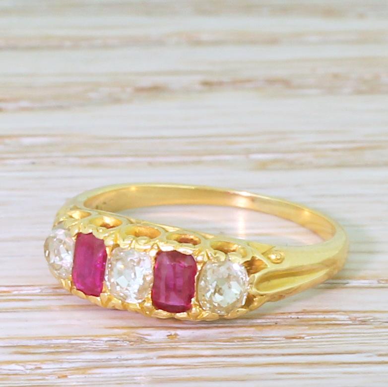 Edwardian Ruby and Old Cut Diamond Five-Stone Ring For Sale 2