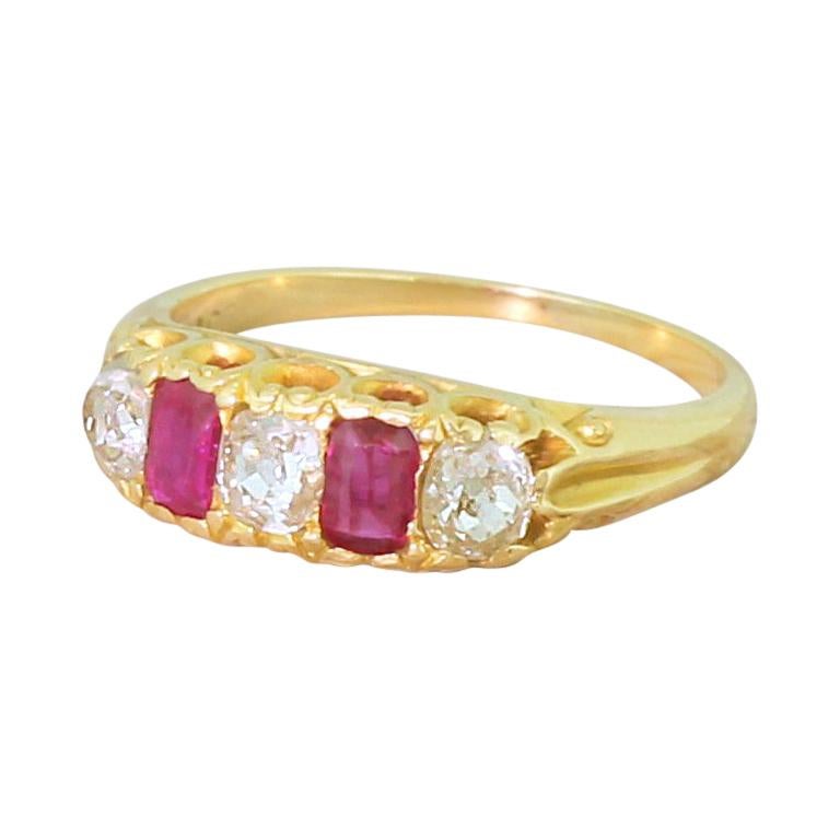 Edwardian Ruby and Old Cut Diamond Five-Stone Ring For Sale