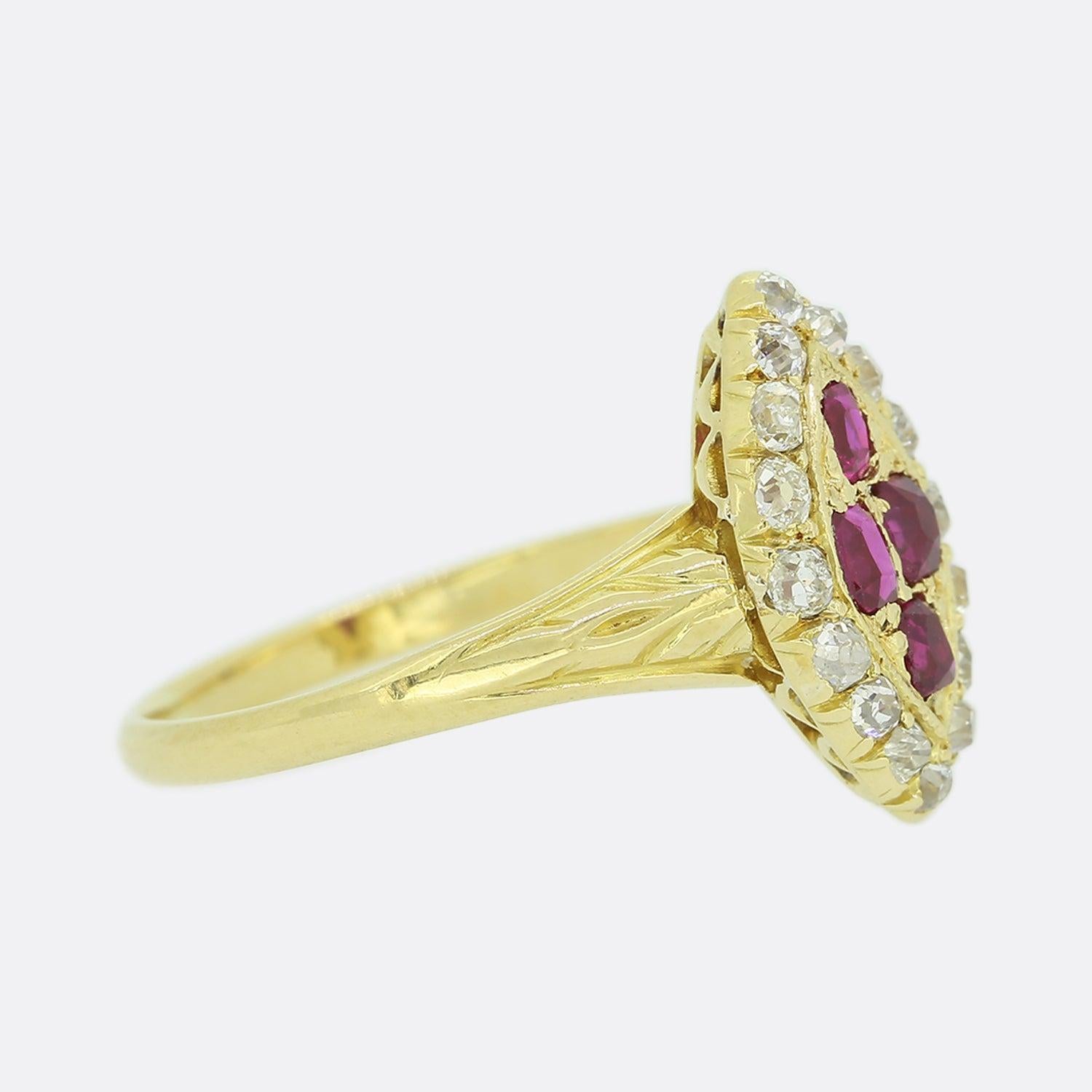 Cushion Cut Edwardian Ruby and Old Cut Diamond Navette Ring For Sale