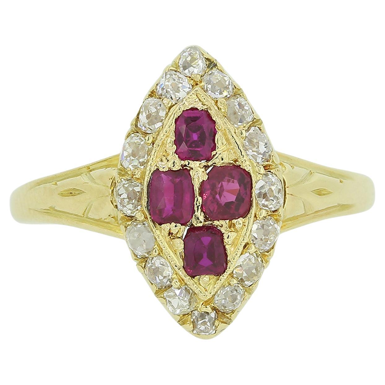 Edwardian Ruby and Old Cut Diamond Navette Ring For Sale