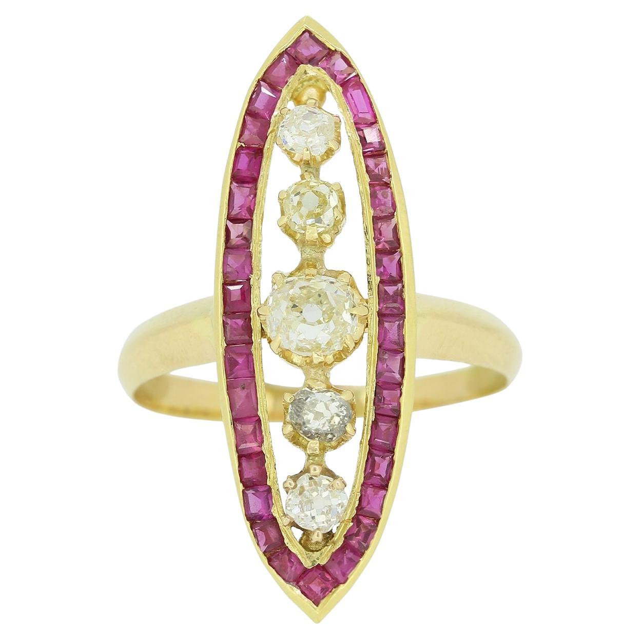 Edwardian Ruby and Old Cut Diamond Navette Ring