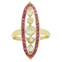 Edwardian Ruby and Old Cut Diamond Navette Ring