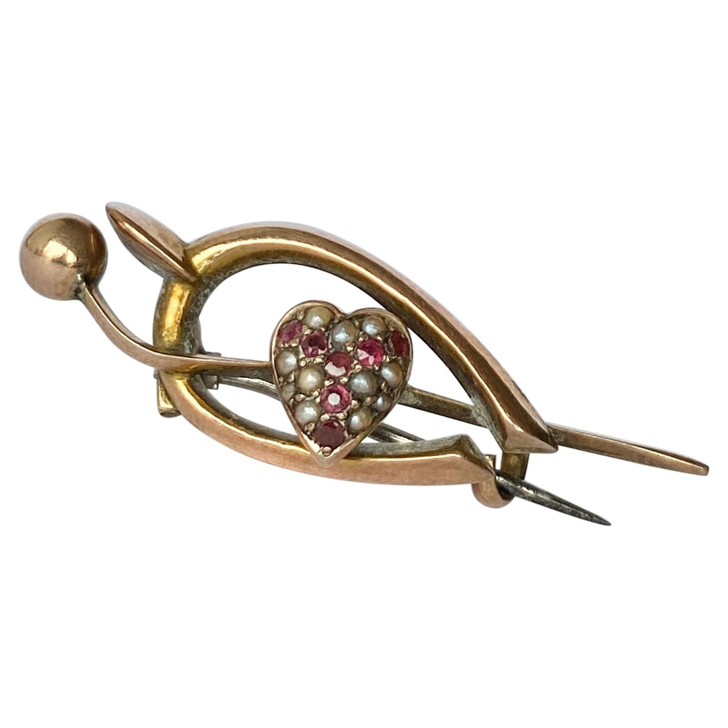 Edwardian Ruby and Pearl 9 Carat Gold Heart Brooch