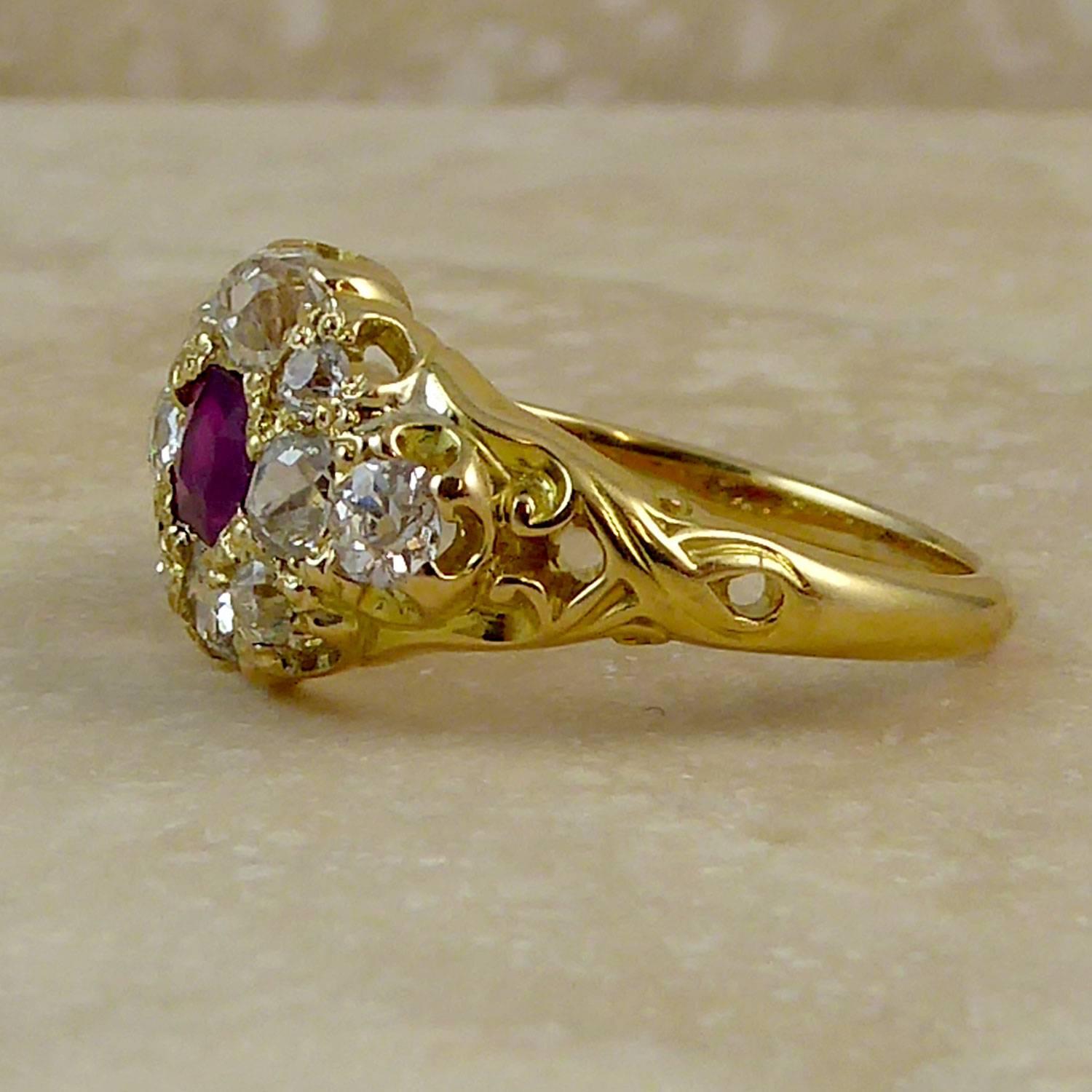 Cushion Cut Edwardian Ruby Diamond Cluster Ring, Yellow Gold, circa 1900-1910