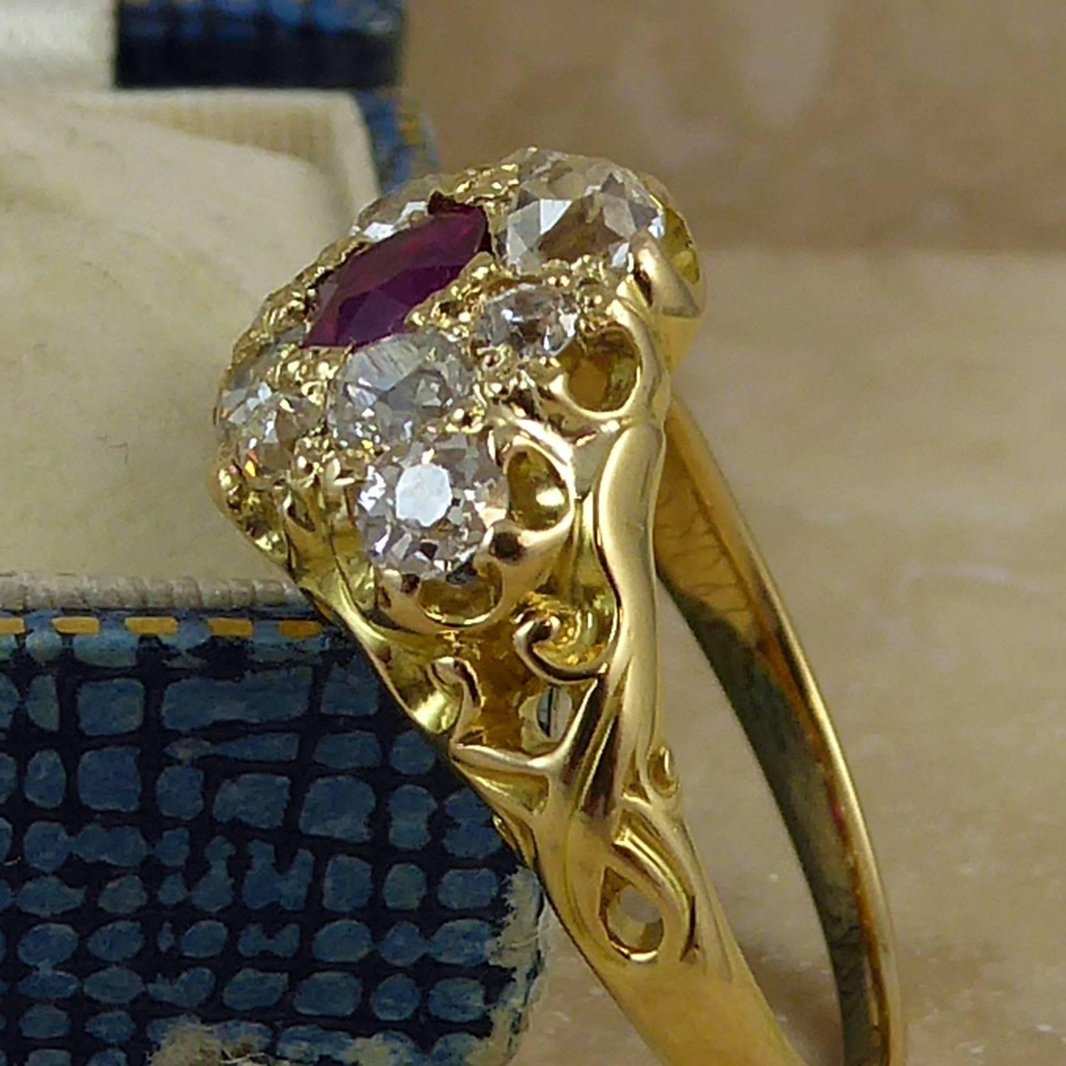 Women's Edwardian Ruby Diamond Cluster Ring, Yellow Gold, circa 1900-1910