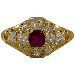 Edwardian Ruby Diamond Cluster Ring, Yellow Gold, circa 1900-1910