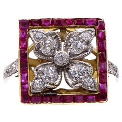 Edwardian Ruby Diamond Platinum 18 Karat Gold Engagement Ring