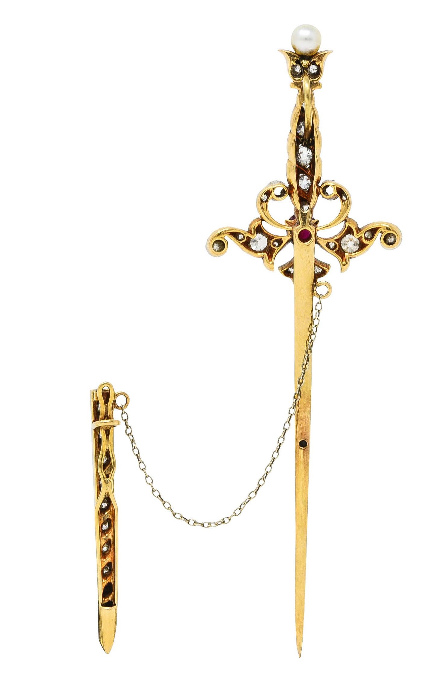 Edwardian Ruby Diamond Platinum 18 Karat Yellow Gold Sword Pendant Jabot Brooch In Excellent Condition In Philadelphia, PA
