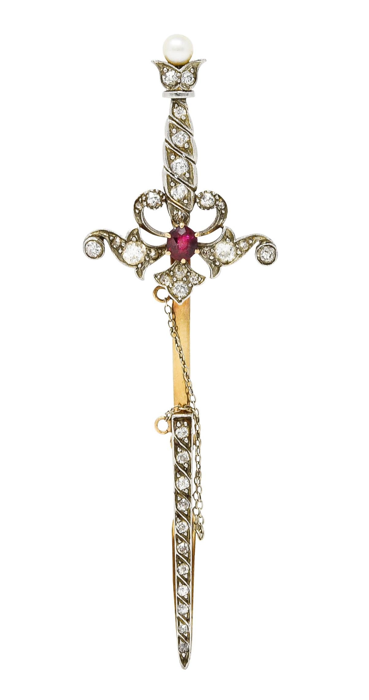 Edwardian Ruby Diamond Platinum 18 Karat Yellow Gold Sword Pendant Jabot Brooch 1