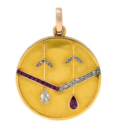 Antique Edwardian Ruby Diamond Platinum-Topped 14 Karat Gold Locket Pendant
