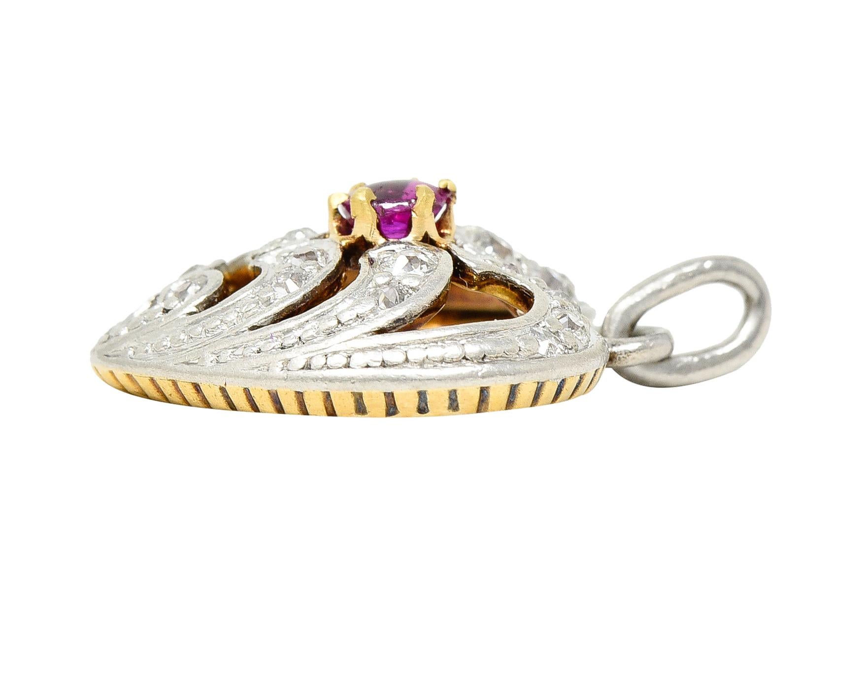 Edwardian Ruby Diamond Platinum-Topped 18 Karat Gold Heart Charm For Sale 1