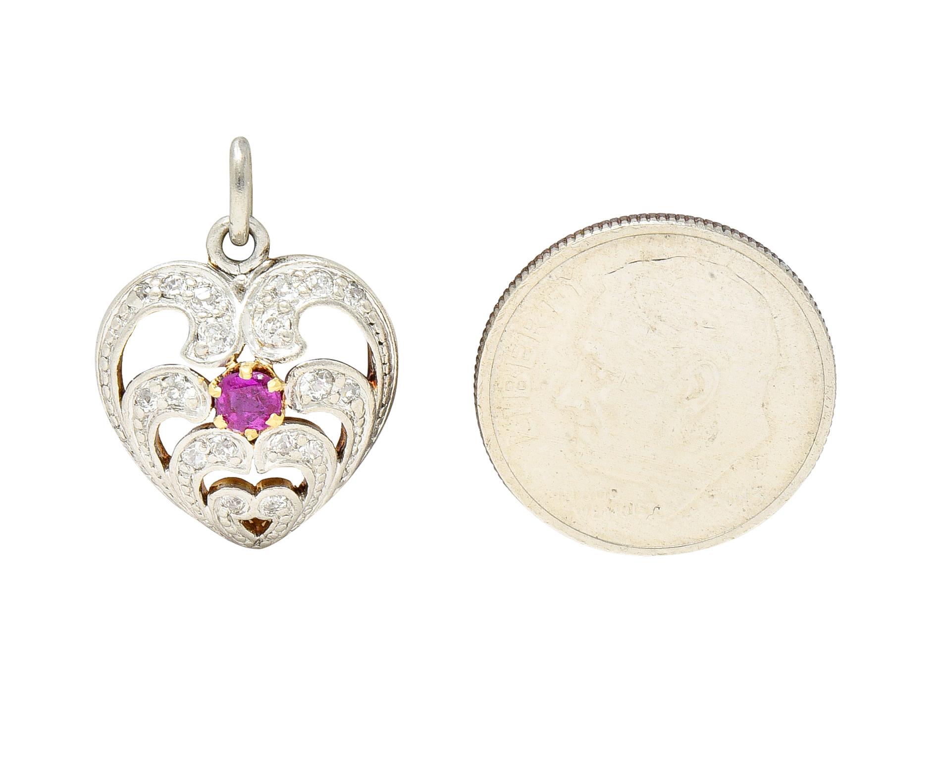 Edwardian Ruby Diamond Platinum-Topped 18 Karat Gold Heart Charm For Sale 2