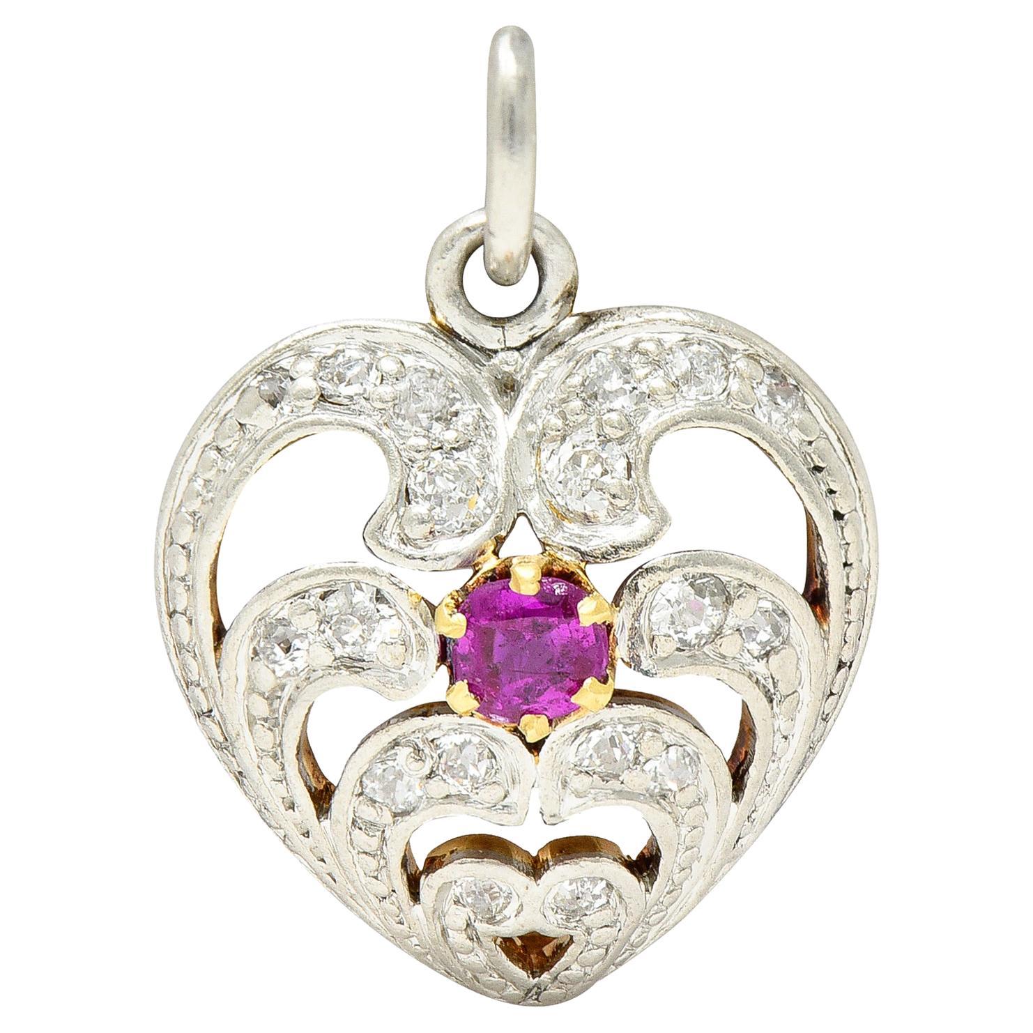 Edwardian Ruby Diamond Platinum-Topped 18 Karat Gold Heart Charm For Sale
