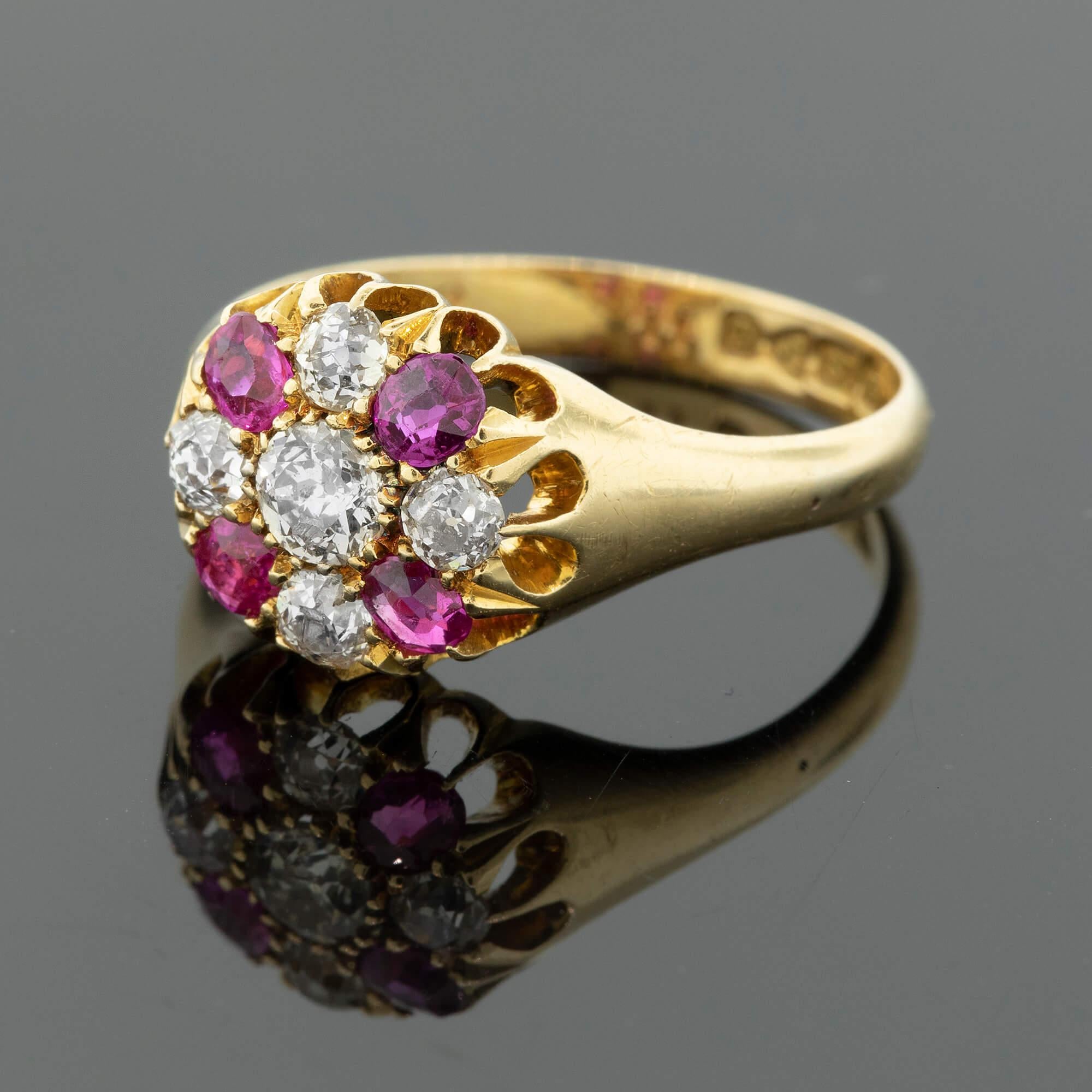 Old Mine Cut Edwardian Ruby & Diamond Set Cluster Ring - Hallmarked Chester 1904 For Sale