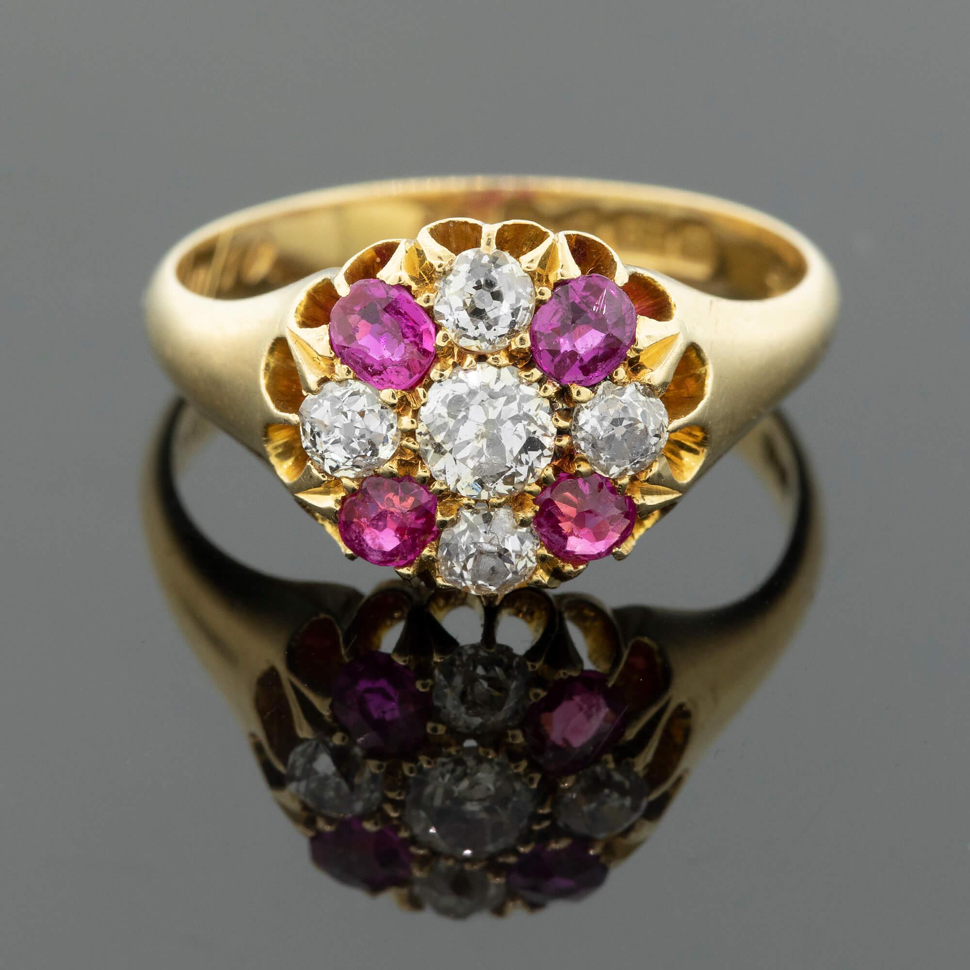 Edwardian Ruby & Diamond Set Cluster Ring - Hallmarked Chester 1904 In Good Condition For Sale In ADELAIDE, SA