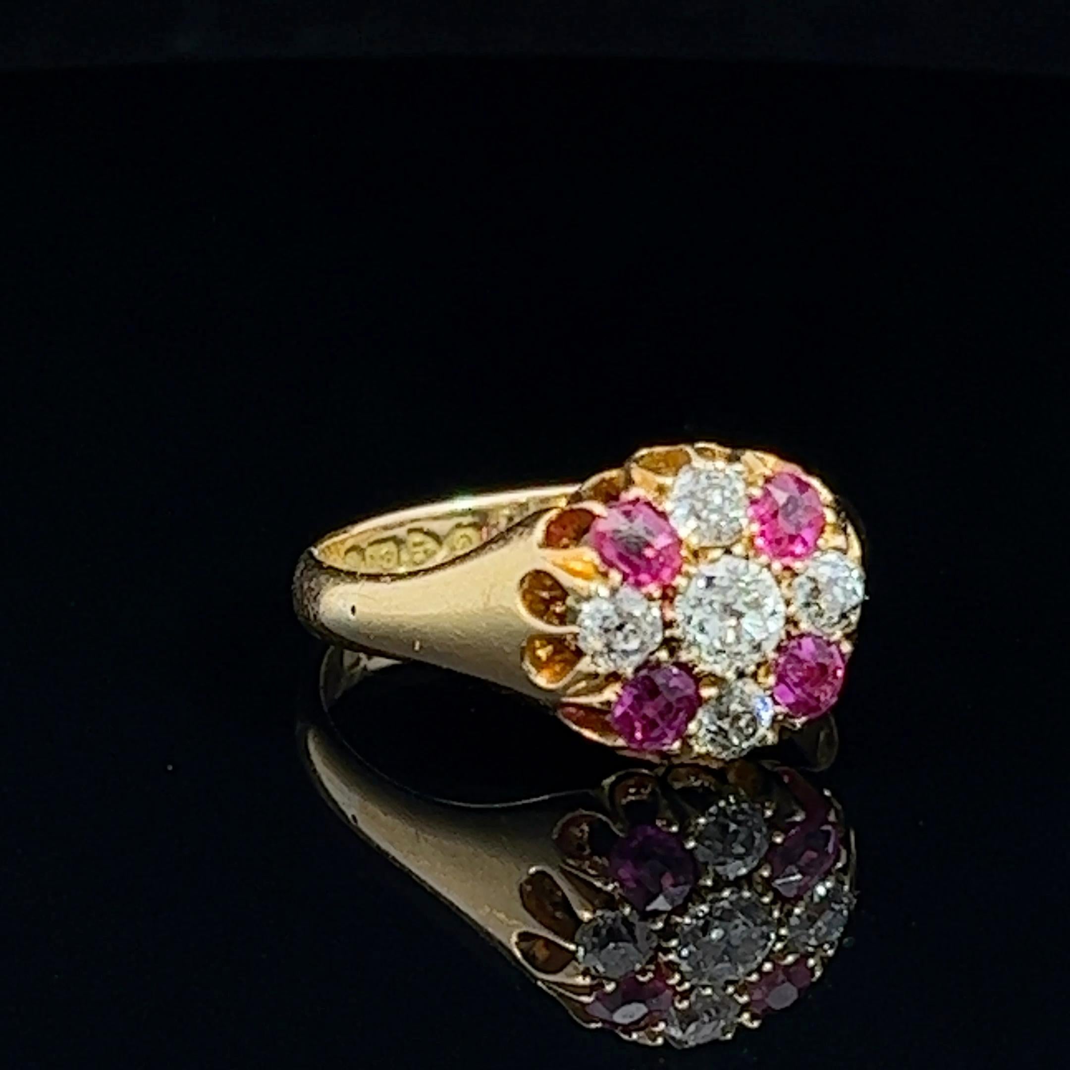 Women's or Men's Edwardian Ruby & Diamond Set Cluster Ring - Hallmarked Chester 1904 For Sale