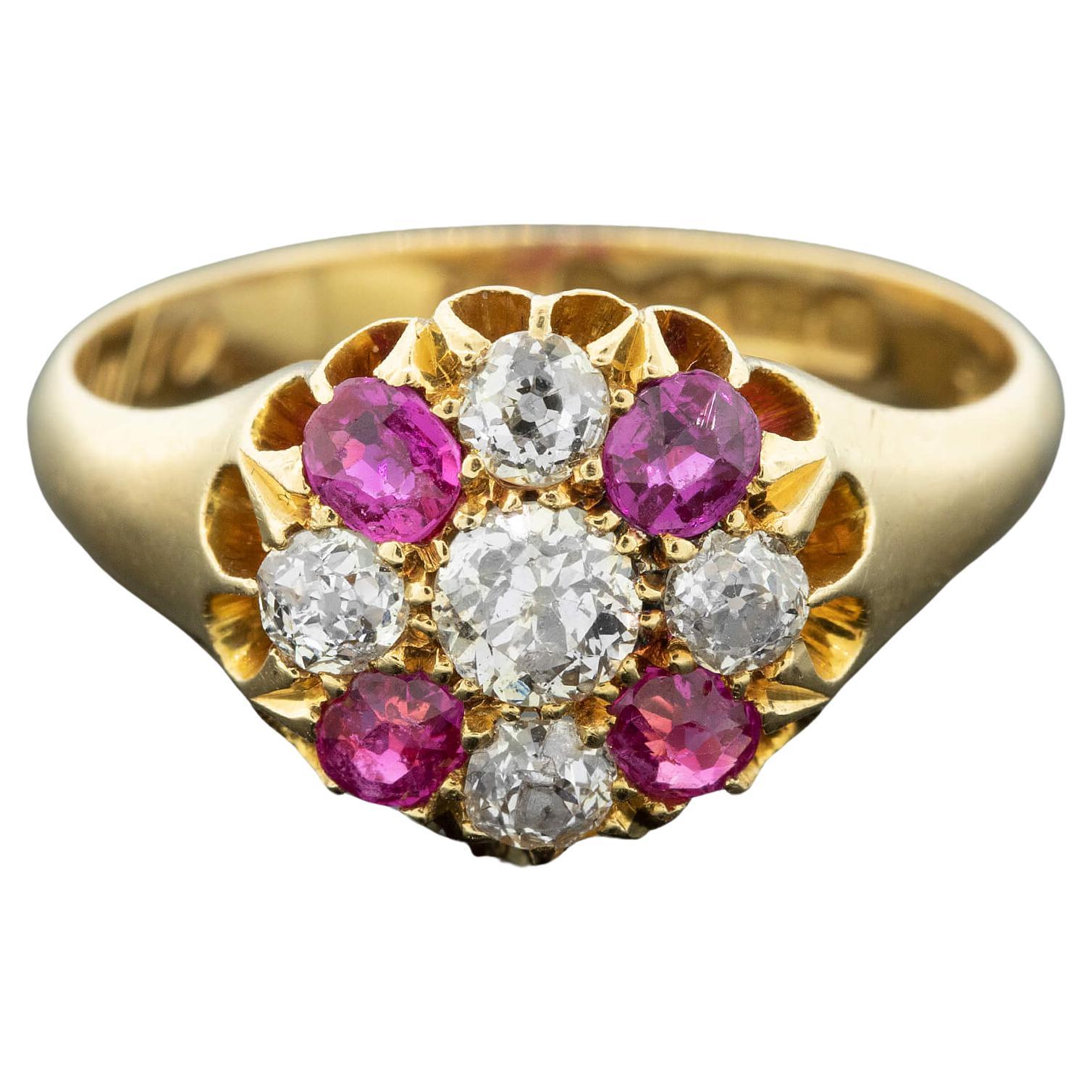 Edwardian Ruby & Diamond Set Cluster Ring - Hallmarked Chester 1904 For Sale