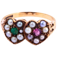 Edwardian Ruby, Emerald and Pearl 9 Carat Gold Love Ring