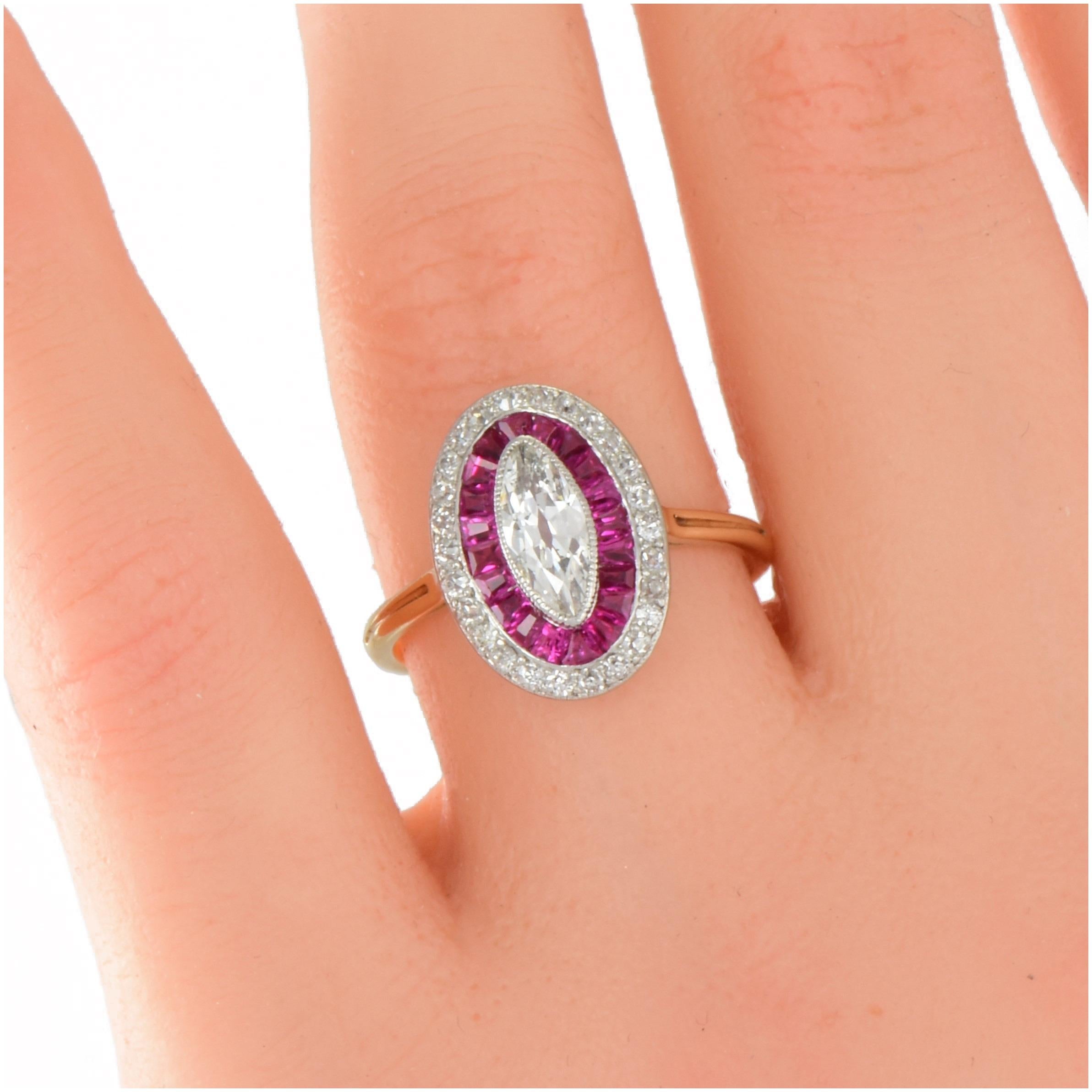 Women's or Men's Edwardian Ruby & Marquise Diamond Ring For Sale