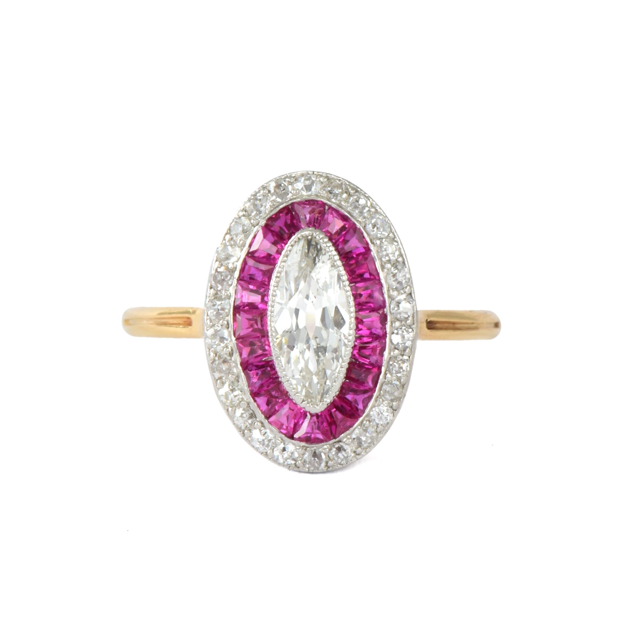 Bague édouardienne en rubis et diamant marquise