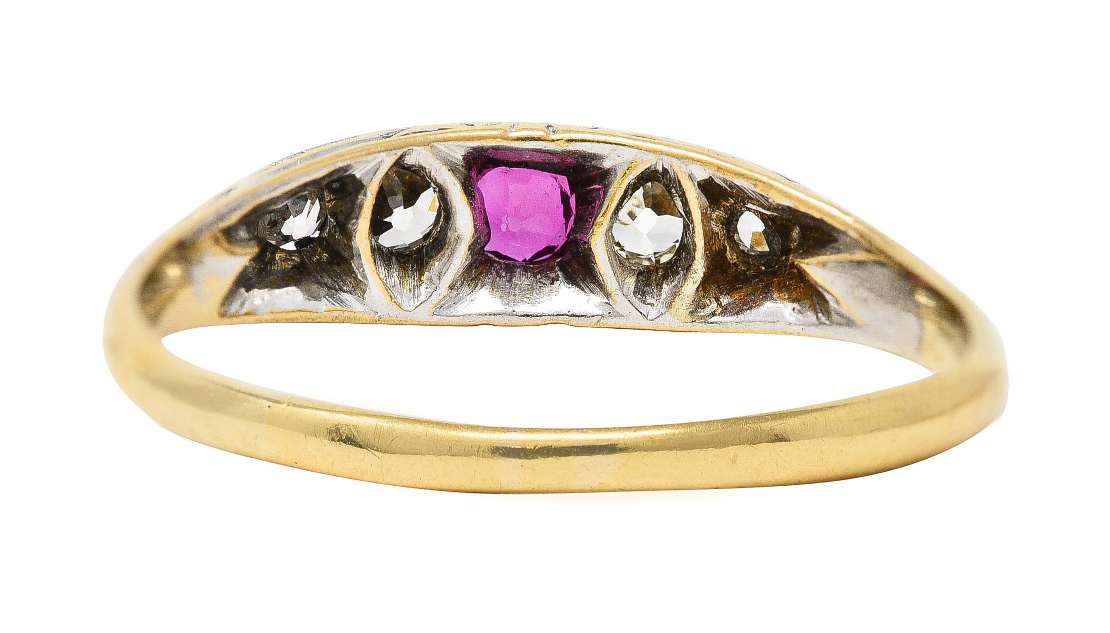 Round Cut Edwardian Ruby Old European Cut Diamond Platinum-Topped 18 Karat Gold Band Ring