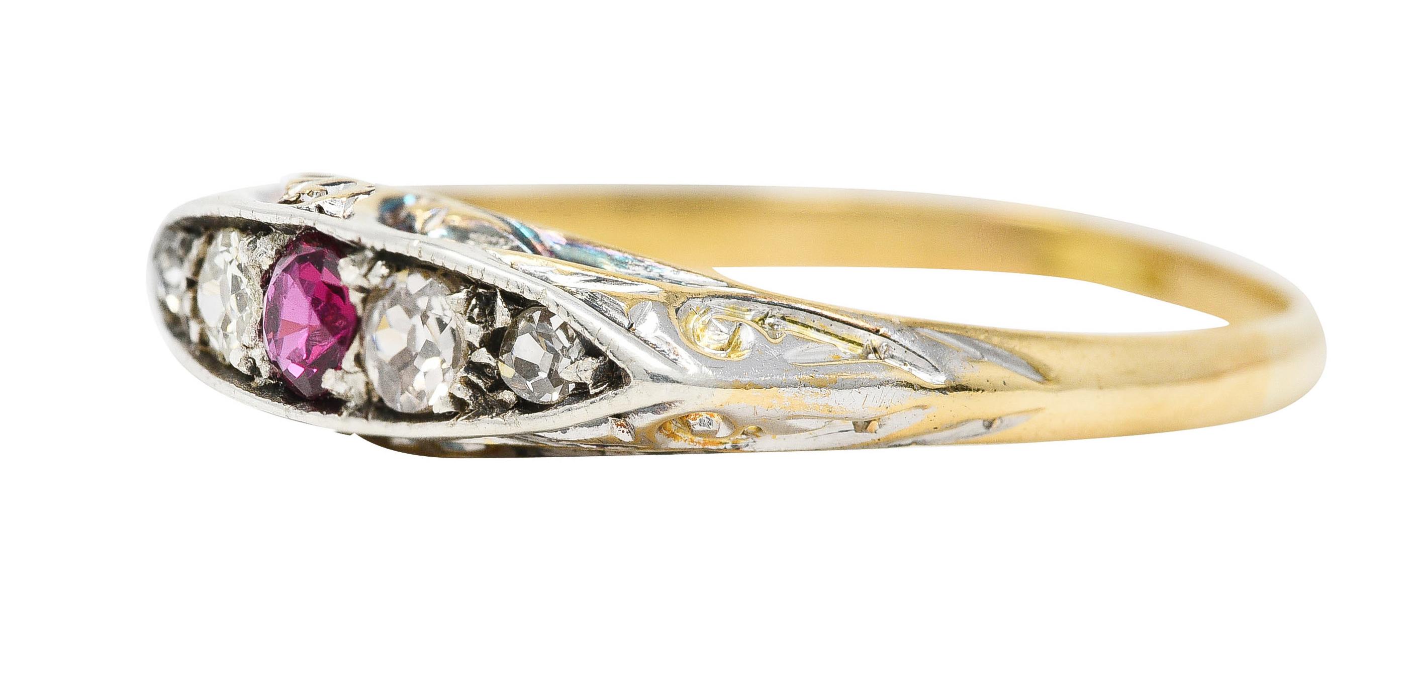 Women's or Men's Edwardian Ruby Old European Cut Diamond Platinum-Topped 18 Karat Gold Band Ring