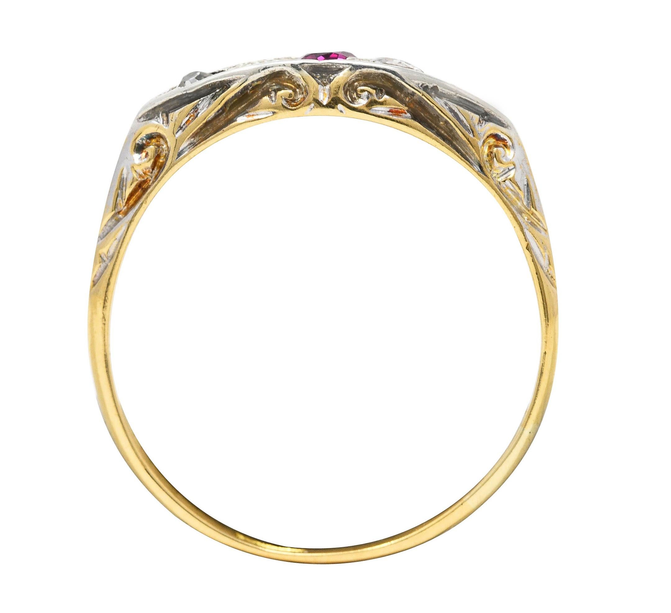 Edwardian Ruby Old European Cut Diamond Platinum-Topped 18 Karat Gold Band Ring 2