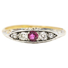 Edwardian Ruby Old European Cut Diamond Platinum-Topped 18 Karat Gold Band Ring